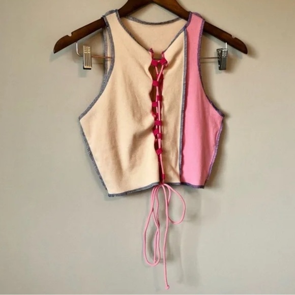 Shein Lace Tie Up Patchwork Cleavage Cropped Sleeveless Crop Tank Top Cream - Picture 11 of 11